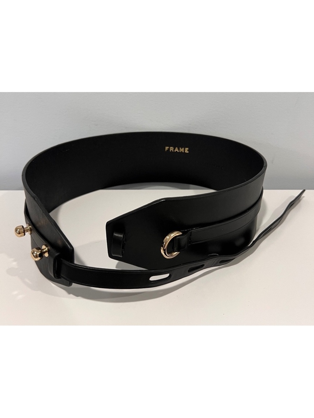 FRAME Black Wide Leather Waist Belt with Gold-tone Hardware